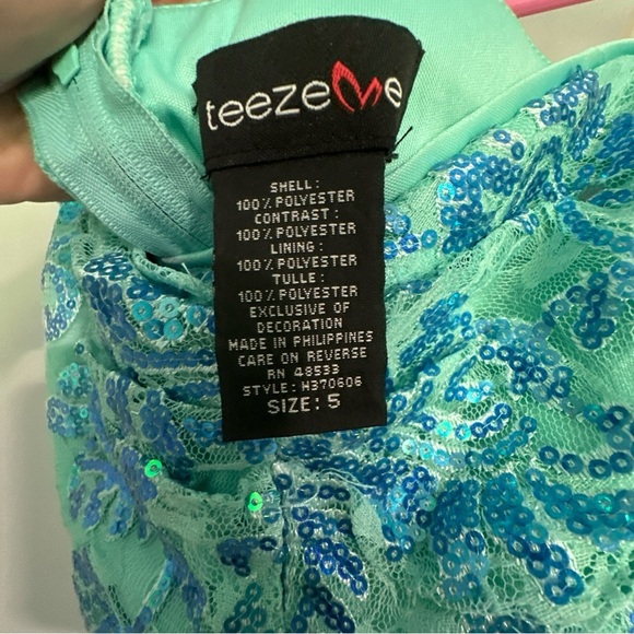 Y2K Teeze Me Dress Strapless Teal Sequined 2000s Lined Size 5 - Picture 7 of 7